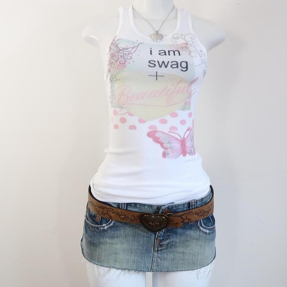 y2k swag butterfly graphic tank white ribbed 2010s slogan baby tee size S